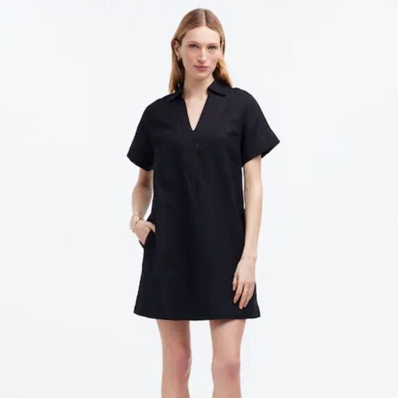 Madewell V Neck Mini Dress 100% Linen‎ Womens XXS Black - Picture 1 of 8